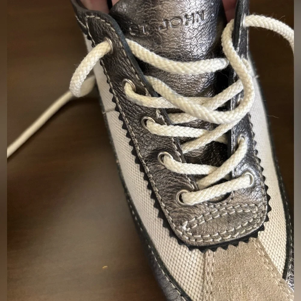 St. John Metallic Leather Beige/Cream Canvas Detail Sneakers Like New
